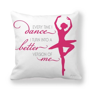 Square ballet girl throw pillow cover with motivational text on white peach skin fabric