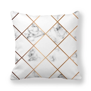 Modern marble pattern pillow case with rose gold geometric lines on peach skin fabric