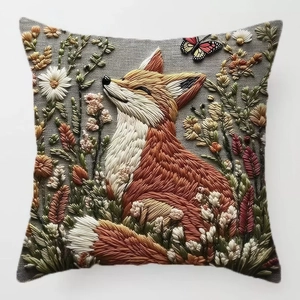 Bestickter Kissenbezug mit Fuchs und Blumenmuster für die Sofadekor