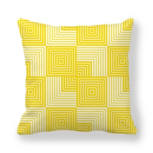 Macro view of yellow and white geometric square pattern on thick peach skin pillowcase