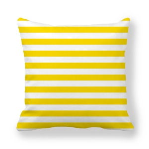 Detail view of yellow and white striped square cushion cover in thick peach skin fabric