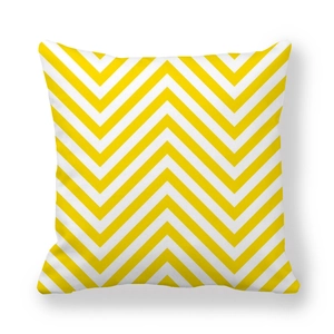 Square peach skin pillowcase with yellow and white geometric wave patterns on white background