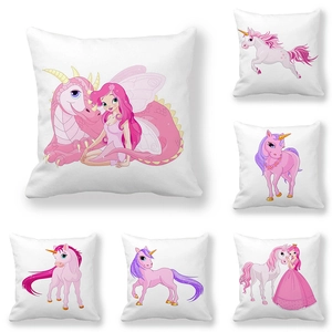 Cartoon Unicorn Dragon Princess Cushion Cover Peach Skin Fabric Square Decorative Pillow Case Kids Bedroom Sofa Home