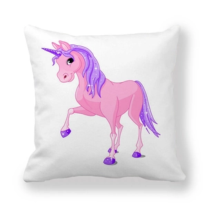 Pink cartoon unicorn pattern printed on a square white peach skin plush pillow case