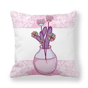 Detail of cartoon floral vase illustration on soft peach skin fabric cushion cover