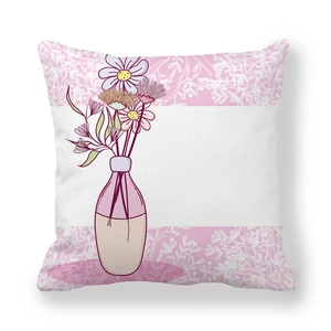 Macro view of peach skin pillowcase featuring floral glass bottle in flat illustration