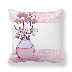 Detail of floral peach skin cushion cover featuring hand-painted purple style bottle and flowers
