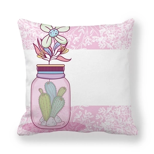 Close-up of hand-painted purple jar with cactus illustration on peach skin pillowcase