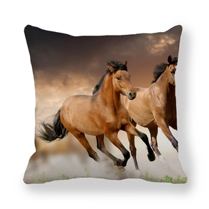 Square peach skin pillowcase with realistic running horses pattern on white background