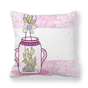 Cartoon cactus and flower glass bottle illustration on peach skin pillowcase
