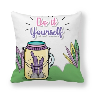 Detail of cartoon cactus glass jar and DIY quote printed on soft peach skin pillowcase