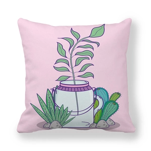 Detail of hand-drawn cartoon glass bottle and floral print on peach skin pillowcase
