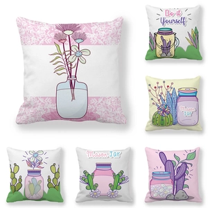 Cartoon Floral Cactus Jar Print Pillow Cover Peach Skin Velvet Decorative Cushion Case For Sofa Home Decor Nordic Style