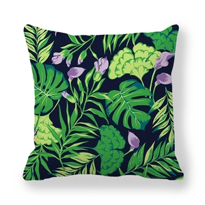 Tropical monstera leaf and purple flower peach skin pillowcase with a dark background