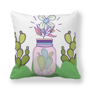 Cartoon purple glass jar and floral print on white peach skin velvet pillowcase