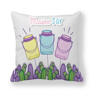 Cartoon mason jar and cactus print on white peach skin velvet throw pillow cover