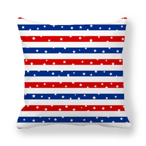 Detailed view of square peach skin pillowcase with red and blue star stripes