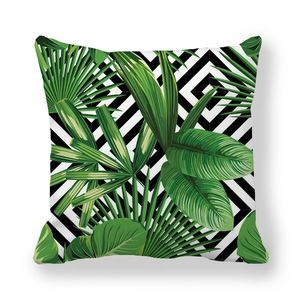 Green tropical leaf and geometric diamond pattern peach skin pillowcase for sofa