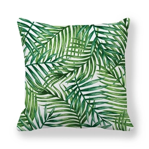 Square white peach skin pillowcase with green tropical palm leaves in watercolor style