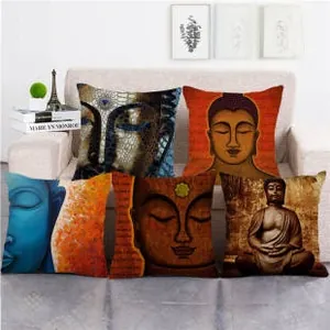 Artistic Buddha print linen pillow covers set of five displayed on a sofa for home decor