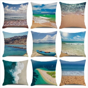 Collection of nine square cushion covers featuring diverse coastal landscapes and ocean scenery