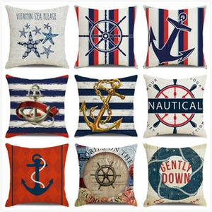 Detailed grid view of nine nautical cushion covers with anchors and starfish patterns