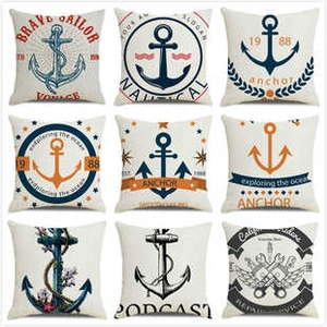 Detailed grid showing nine nautical cushion covers with anchors and compass designs
