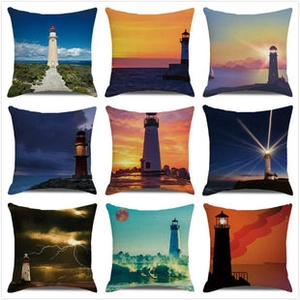 Nine square cushion covers featuring lighthouse landscape designs in a 3x3 grid layout