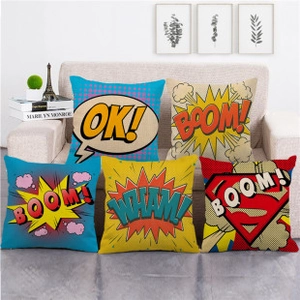 Detailed view of five pop art square cushion covers with comic speech bubble designs