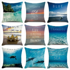 Nine-square layout showing watercolor ocean theme linen pillow covers with sea life patterns