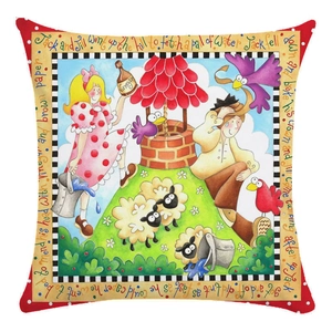 Detail of Jack and Jill nursery rhyme illustration on a soft decorative pillowcase