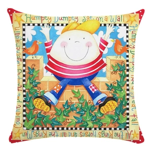 Detail of Humpty Dumpty nursery rhyme pillowcase with red polka dot borders and lyrics