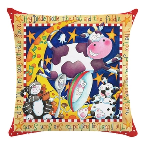 Detail of soft pillowcase featuring colorful cartoon Hey Diddle Diddle nursery rhyme art