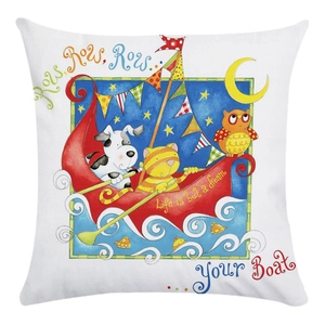 Detail of soft cartoon pillowcase with colorful animals sailing a boat under stars