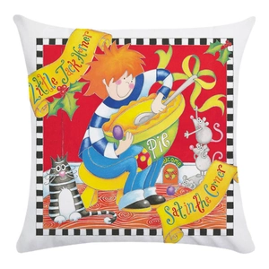 Square soft pillowcase featuring Little Jack Horner cartoon with checkered border