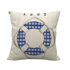 Minimalist nautical throw pillow cover with AHOY lifebuoy pattern on cream linen base