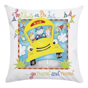 Soft square pillowcase featuring a colorful cartoon school bus and blue sky illustration