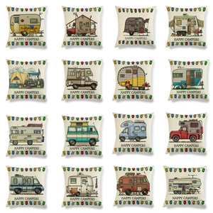 Set of 16 linen pillow covers with retro RV camping designs and Happy Campers text