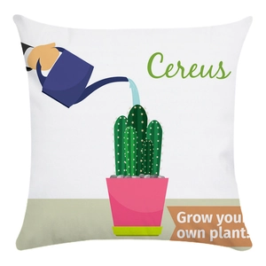 Dettaglio di federa morbida con stampa di cactus Cereus e slogan Grow Your Own Plant