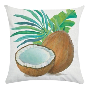 Soft square pillowcase featuring hand-painted coconut and green palm leaf illustrations