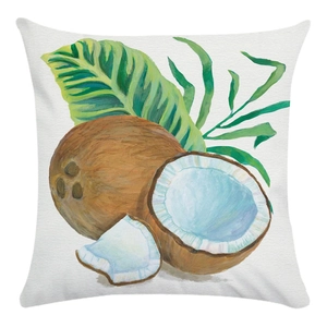 Square white pillowcase with tropical coconut and palm leaf print in soft fabric
