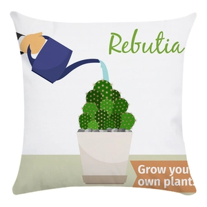 Dettaglio della federa bianca con stampa cactus e scritta Grow your own plant su sfondo