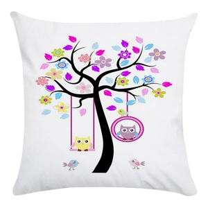 Close-up of soft pillowcase featuring colorful lucky tree and cartoon owl embroidery