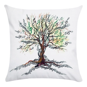 Close-up of artistic musical note tree pattern on a soft square white pillowcase
