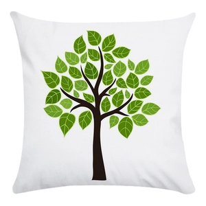 Detail showing soft white square pillowcase with green tree illustration and cotton texture