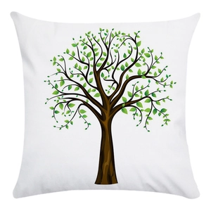 Macro detail of soft pillowcase featuring a lush green tree pattern on white fabric