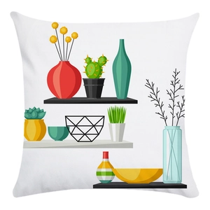 Modern square pillowcase featuring a vibrant cactus and shelf illustration on white fabric