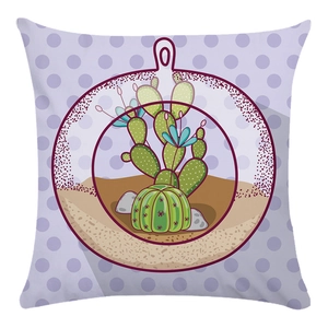 Detail of soft purple polka dot pillowcase featuring hand-drawn cactus and succulent art