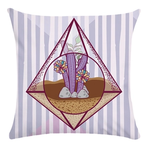 Close-up of soft fabric texture featuring cartoon cactus and purple stripes on pillow cover