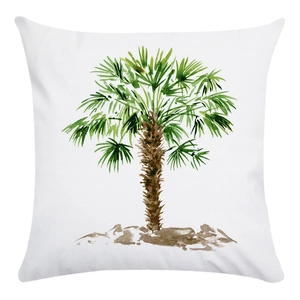 White square cushion cover featuring a watercolor palm tree print in natural green tones